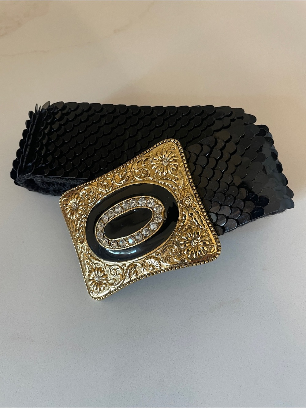 VTG 80’s Glamour Rhinestone Inlay Black Cabochon Metal Scale Stretch Belt